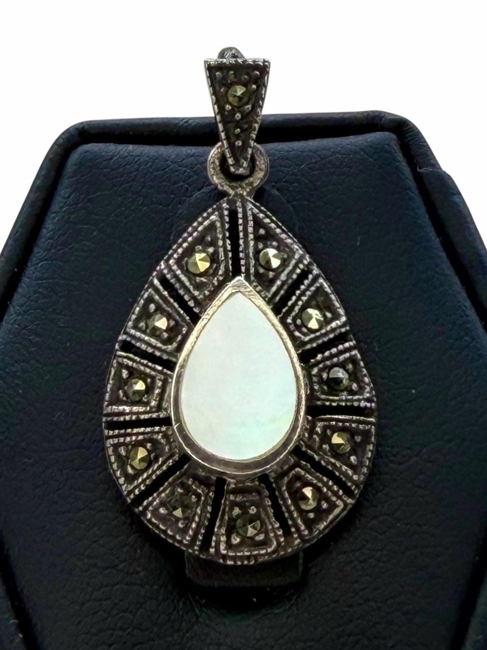 Victorian Revival Mother of Pearl & Marcasite Teardrop .925 Silver Pendant